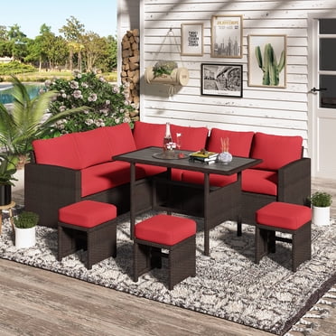 AECOJOY 7 Pieces Patio Furniture Set PE Rattan Outdoor Dining Set Sectional Sofa Couch with Table Patio Conversation Set in Red