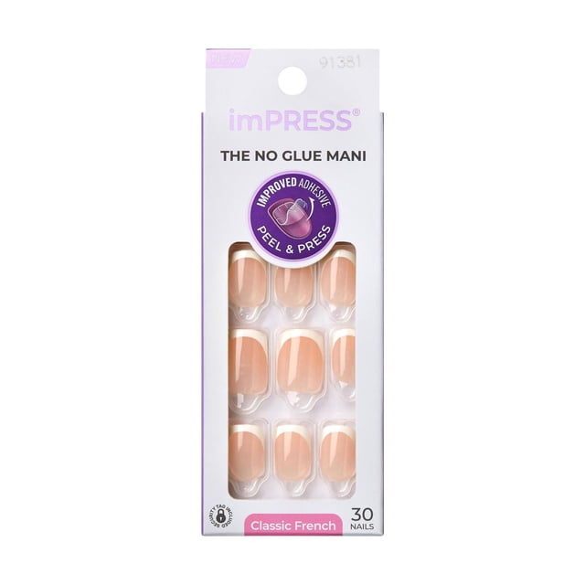 imPRESS French, The no Glue Mani, Model, Short Squoval, 30 count classic French press-on nails with white tips in white and purple packaging, featuring improved adhesive peel and press technology for chip-proof, smudge-proof wear and easy removal, ideal for quick, no-mess manicures.