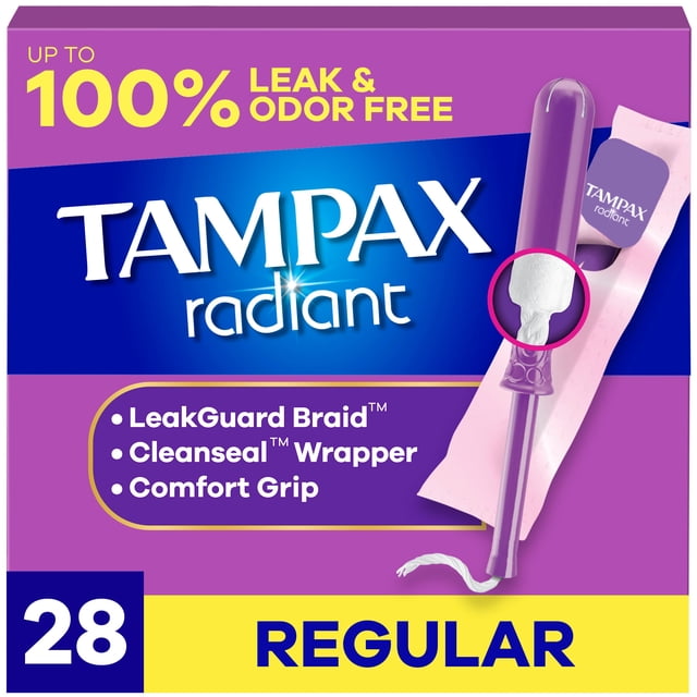 Tampax Radiant Tampons, Regular Absorbency, 28 count box featuring LeakGuard Braid for leak protection, Cleanseal Wrapper for quiet disposal, and Comfort Grip for precise insertion, with purple applicator and wrapped tampon on purple and yellow packaging.