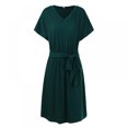 thumbnail image 1 of Women Mini Dress High Waist Short Sleeve Basic Flowy Dress Loose Fit V Neck Solid Color Belted Party Dress, 1 of 9