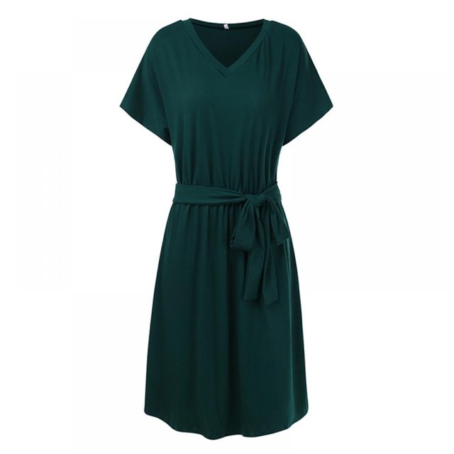 Women Mini Dress High Waist Short Sleeve Basic Flowy Dress Loose Fit V Neck Solid Color Belted Party Dress