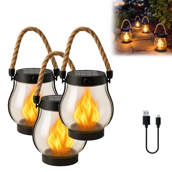 Kaliqo Lanterne Solaire Lumières Extérieures, Flamme Dansante Lanterne Suspendue Étanche avec Corde de Chanvre, Double Charge via Solaire & USB, Flamme Vacillante Décoration pour Jardin & Cour