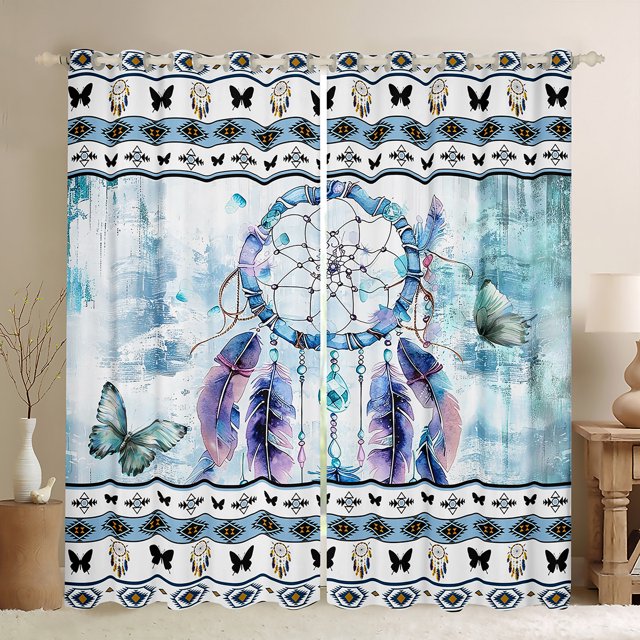 YST Rideaux Occultants Attrape-Rêves Bohème pour Filles Femmes Rideaux Bleu Ombré, Rideaux et Draperies Boho Aztèques à Rayures Chic Papillon pour Salon, Rideaux de Fenêtre Esthétiques Dégradés
