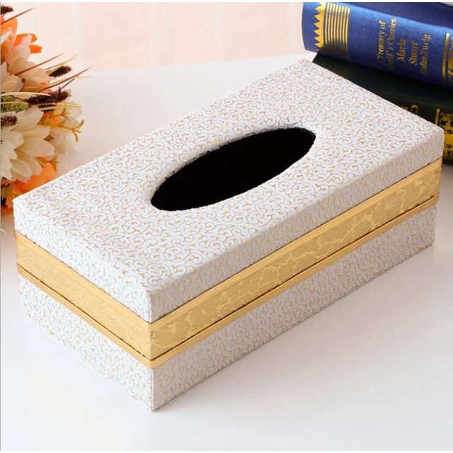 ORUYROP Leather Tissue Box Holder-Waterproof Rectangular Tissue Box Cover Vintage Napkin Paper Holder for Home,Office&Car Decor (White Clouds with Golden Rim)