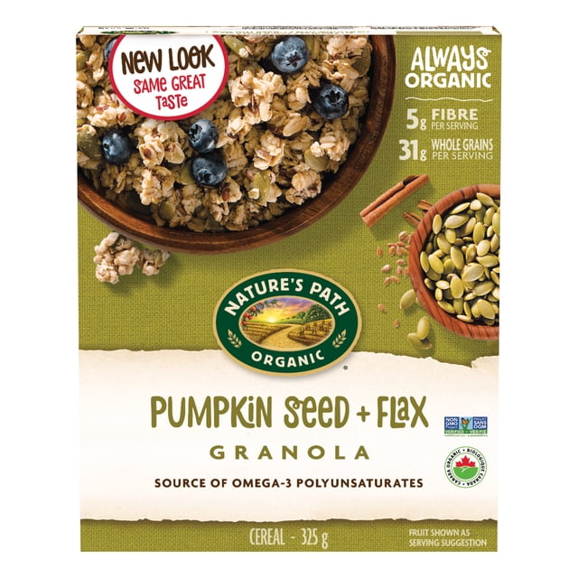 Nature's Path Organic Flax Plus Pumpkin Flax Granola box front showing granola clusters with pumpkin seeds and blueberries in a wooden bowl, cinnamon sticks, and a bowl of pumpkin seeds on a green textured background, highlighting 5g fibre and 31g whole grains per serving, 325g cereal weight, organic certification, suitable for a healthy breakfast or snack.