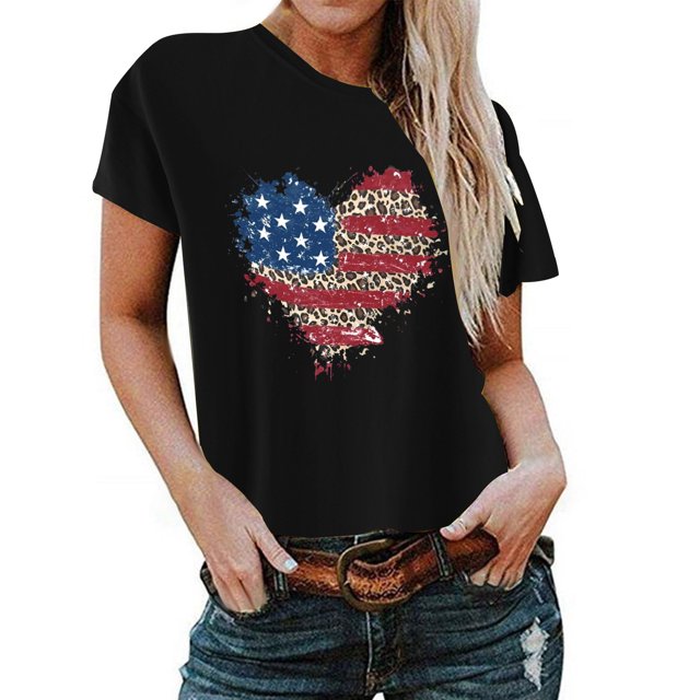 Birdeem T-Shirt pour Femmes d'Été Décontracté Ample Imprimé Fête de l'Indépendance à Col Rond à Manches Courtes