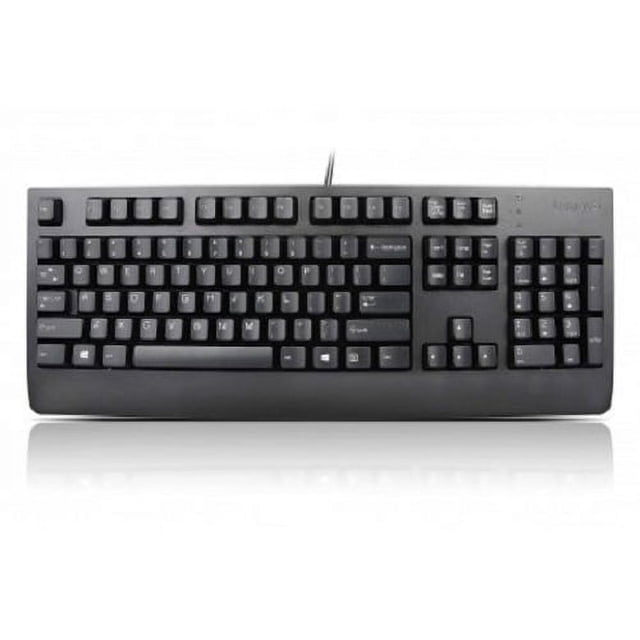Lenovo Preferred Pro II - Keyboard - USB - AZERTY - French - black wired USB Keyboard with full French AZERTY layout, black Châssis, integrated rubber-dome keys on main and numpad sections, three LEDs for Num Lock/Caps Lock/Scroll Lock, adjustable tilt legs; suitable for office data-entry or shared kiosk use.