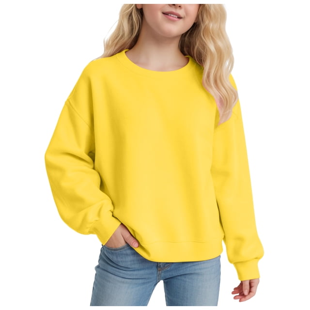 WUANDIXFA T-Shirts à Manches Longues pour Filles Doux Basique Chandail à Manches Longues pour Filles Confortable Doux à la Mode et Décontracté Chandail à Col Rond à Manches Longues pour Filles Jaune, 9-10 Ans