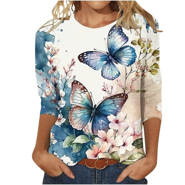 XZNGL 3/4 Sleeve Tops for Women Womens Fashion Printed Loose T-Shirt Mid-Length 3/4 Sleeves Blouse Round Neck Casual Tops T Shirts for Women Fashion 3/4 Sleeve T Shirts for Women