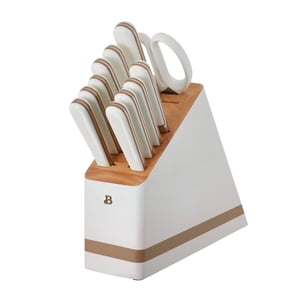 Beautiful 12 Piece Knife Block Set with Soft-Grip Ergonomic Handles White and Gold by Drew Barrymore