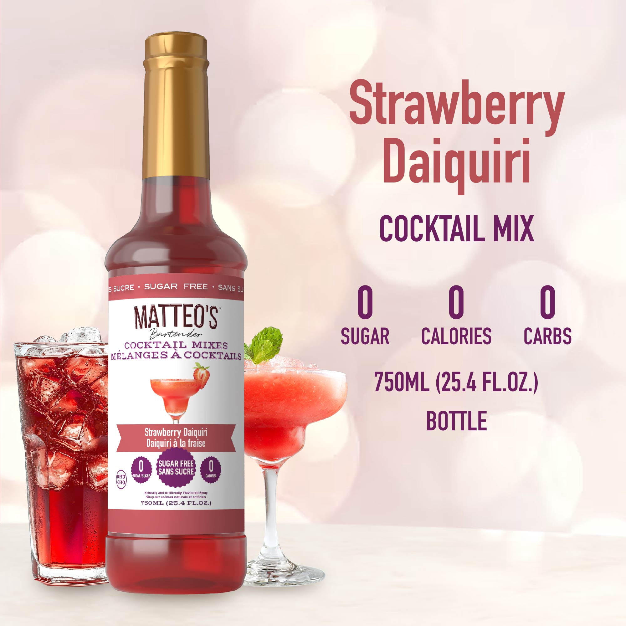 Matteo's Sugar Free Cocktail Syrup, Strawberry Daiquiri, 750mL, 0 Calories, Sugar, (Single Bottle)