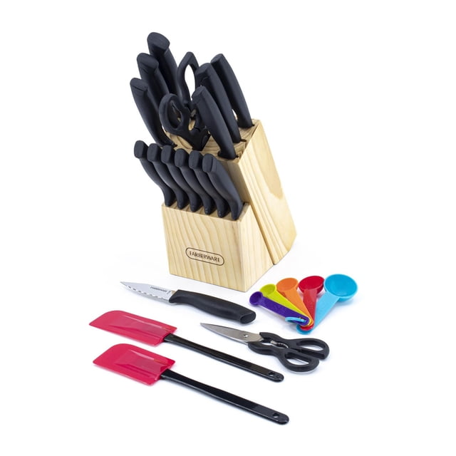 Farberware 23 piece Knife Set with a natural pine block holding knives with black ergonomic handles and high-carbon stainless steel blades featuring a wavy edge, including steak knives, kitchen shears, colorful measuring spoons, and red spatulas on a white background, suitable for everyday kitchen prep tasks.