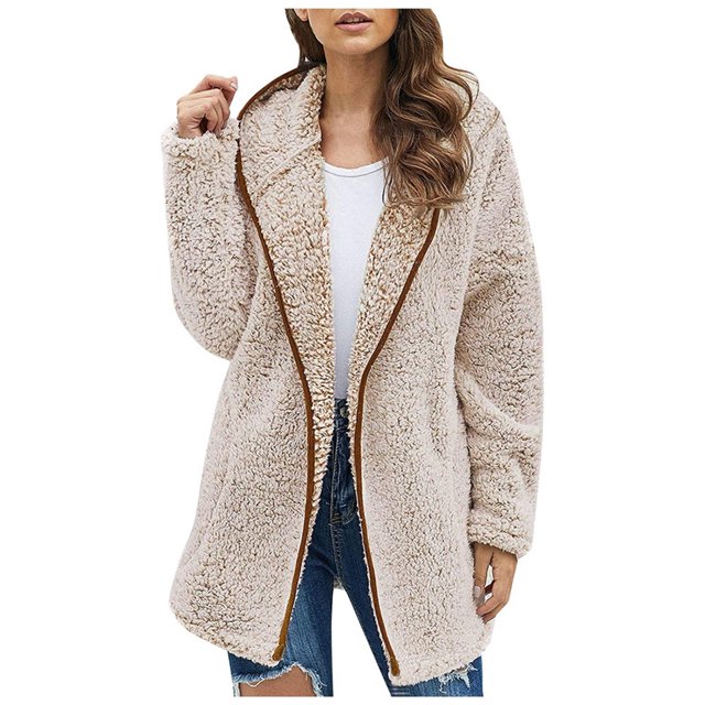 WEIYLL Womens Fleece Jacket Thick Knitted Cardigan Solid Color Sleeve Furry Beige Fall Clothes Size XL