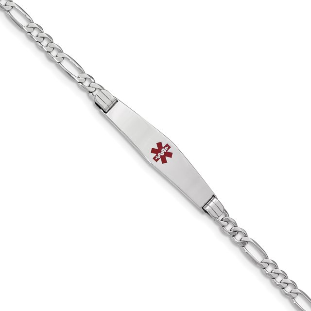 Bracelet Médical en Or Blanc 14K Forme Diamant Doux Émail Rouge Figaro Link ID