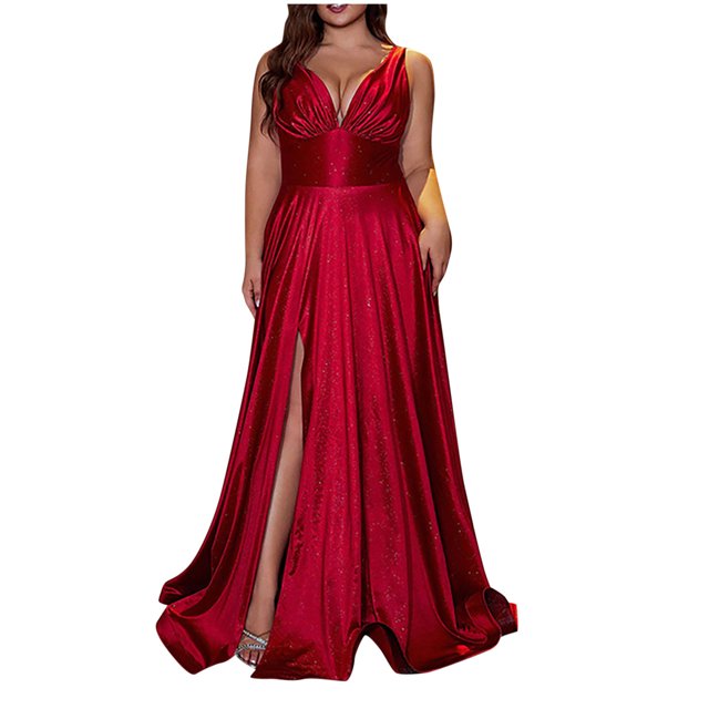 Pisexur Robe de Cocktail pour Femme à Col en V Profond Sans Manches, Robes d'Invitée de Mariage, Robe de Soirée Fluide de Couleur Unie, Tunique Fendue, Robe Maxi, Robes Grande Taille pour Femmes aux Formes, TG-4TG