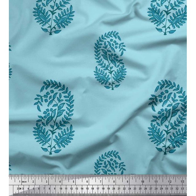 Soimoi Silk Fabric Leaves Block Printed Fabric 1 Yard 42 Inch Wide