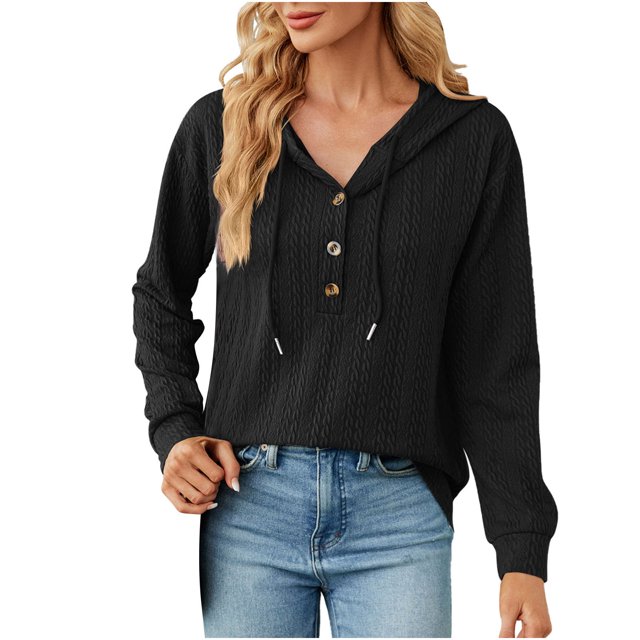 Yuyuzo Womens Fall Sweatshirts Drawstring V Neck Buttons Long Sleeve Textured Knit Pullover Tops