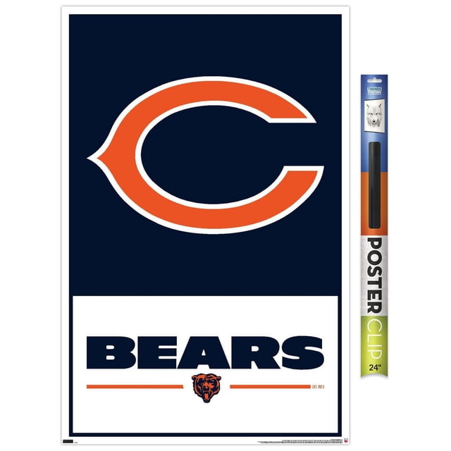 NFL Chicago Bears - Logo 21 Wall Poster, 22.375" x 34" framed, displaying a centered orange and white 'C' logo on a navy blue background above bold navy text 'BEARS' with a small bear head logo and orange lines below, ideal for wall art décor and easy hanging with a sawtooth hanger.