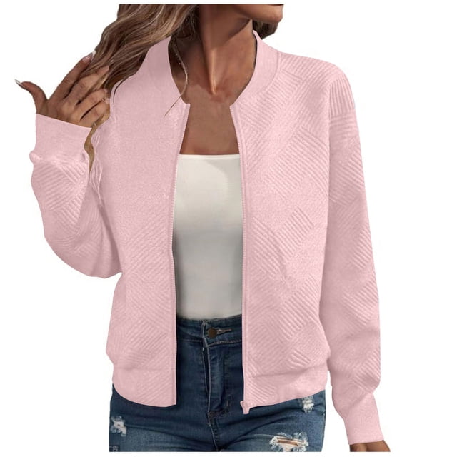 WRKEKC Women's Arrival Zip Front Jacket Solid Color Long Sleeve Modern Minimalist Style Everyday Essential No Hood Plus Sizes Pink S