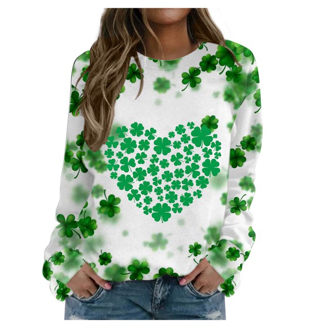 Pompotops Blouse Ample à Manches Longues Imprimée pour Femmes, Col Rond, Mode de la Saint-Patrick, Chandail Décontracté, Liquidation