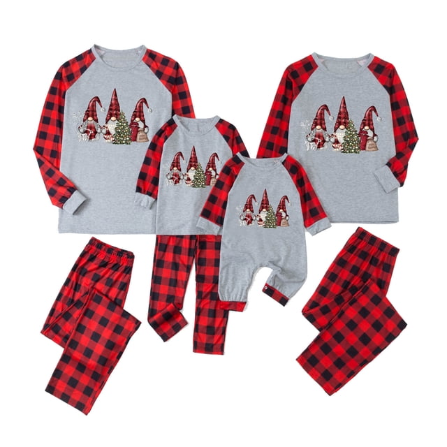 TopLLC Pyjamas Assortis pour la Famille avec Lutin à Carreaux Rouges de Noël, Ensembles Classiques à Manches Longues et Col Rond, Ensemble de Pyjama de Noël Ajusté en Coton, Haut et Pantalon, Adulte, Tout-Petit, Bébé