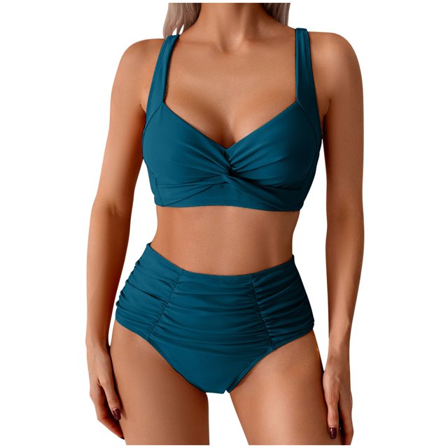 Swiftwear Women's Two-Piece Swimsuit Set with Cross-Front High-Waisted Top and Textured Ruffled Bikini Bottoms, Form-Fitting Stretch Design Green M