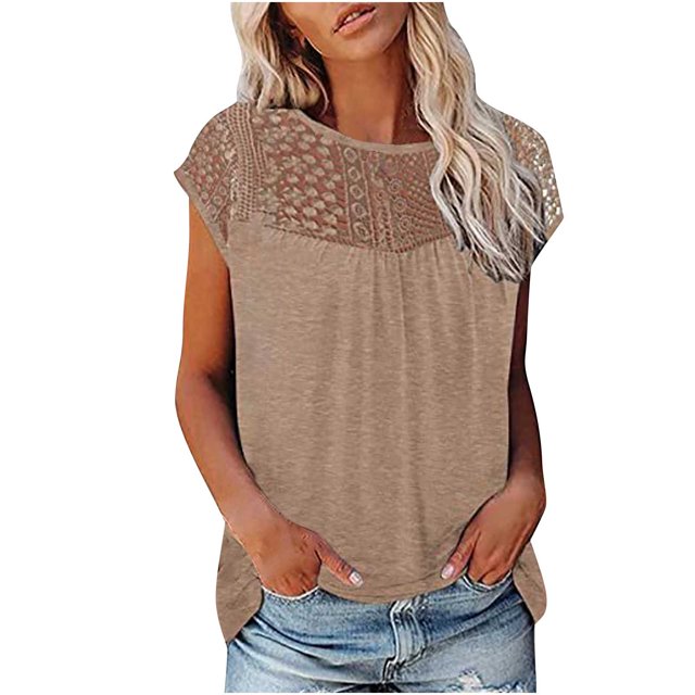 Mikilon Ensemble Élégant pour Femmes 2 Pcs Haut à Manches Courtes Imprimé Patchwork en Dentelle Col Rond Chic Confortable Ensemble Haut/chemise à Manches Courtes Col Rond Kaki m