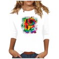 thumbnail image 2 of Qertyioot Cadeau de Saint-Valentin pour Femmes, Mode Manches Trois-Quarts Col Rond Rétro Imprimé de Noël Haut Ample Blouse Manches Trois-Quarts, 2 of 4
