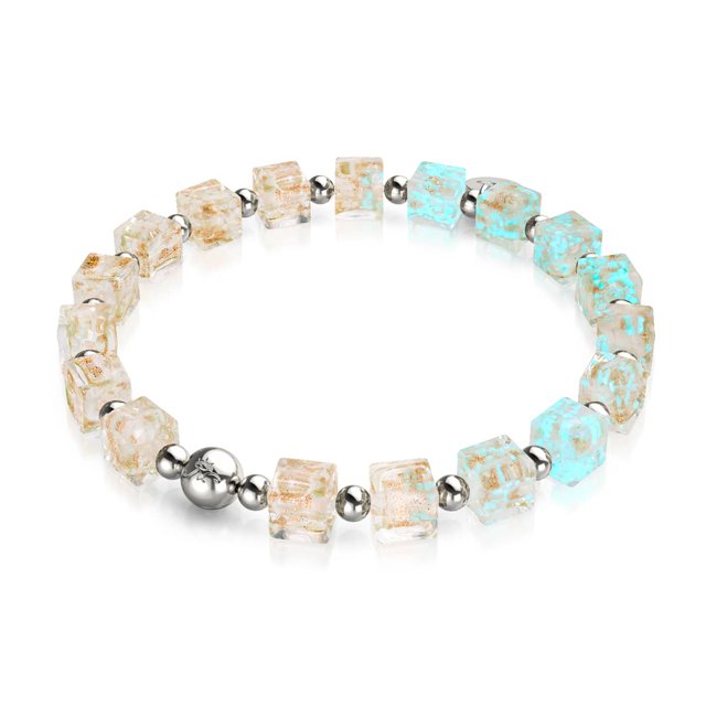 Bracelet en Galets de Verre Albâtre / Argent / Luciole