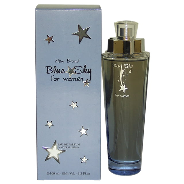 Blue Sky by New Brand pour Femmes - Bouteille Transparente de 3,3 oz en Vaporisateur EDP Centrée avec Liquide Bleu Pâle et Bouchon Argenté; eau de parfum Féminine avec des notes d'Ananas, de Bergamote, de Mûre, de Miel, de caramel, de Chocolat, de patchouli et de Vanille; Longue Tenue pour un Usage Quotidien; Convient aux Sacs à Main et aux Voyages.