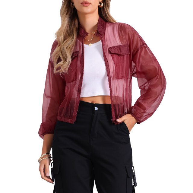 INSPIRE CHIC Veste Bomber Transparente pour Femmes à Fermeture Éclair Manches Longues Rouge Vin