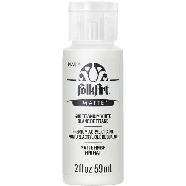 Folkart Matte Acrylic Craft Paint 2 fl. oz. bottle in Titanium White with a matte finish, white flip-top cap, and black text on a white label, ideal for artist-quality acrylic painting on wood, canvas, paper, and Styrofoam, often used for basecoating and stenciling in arts and crafts.