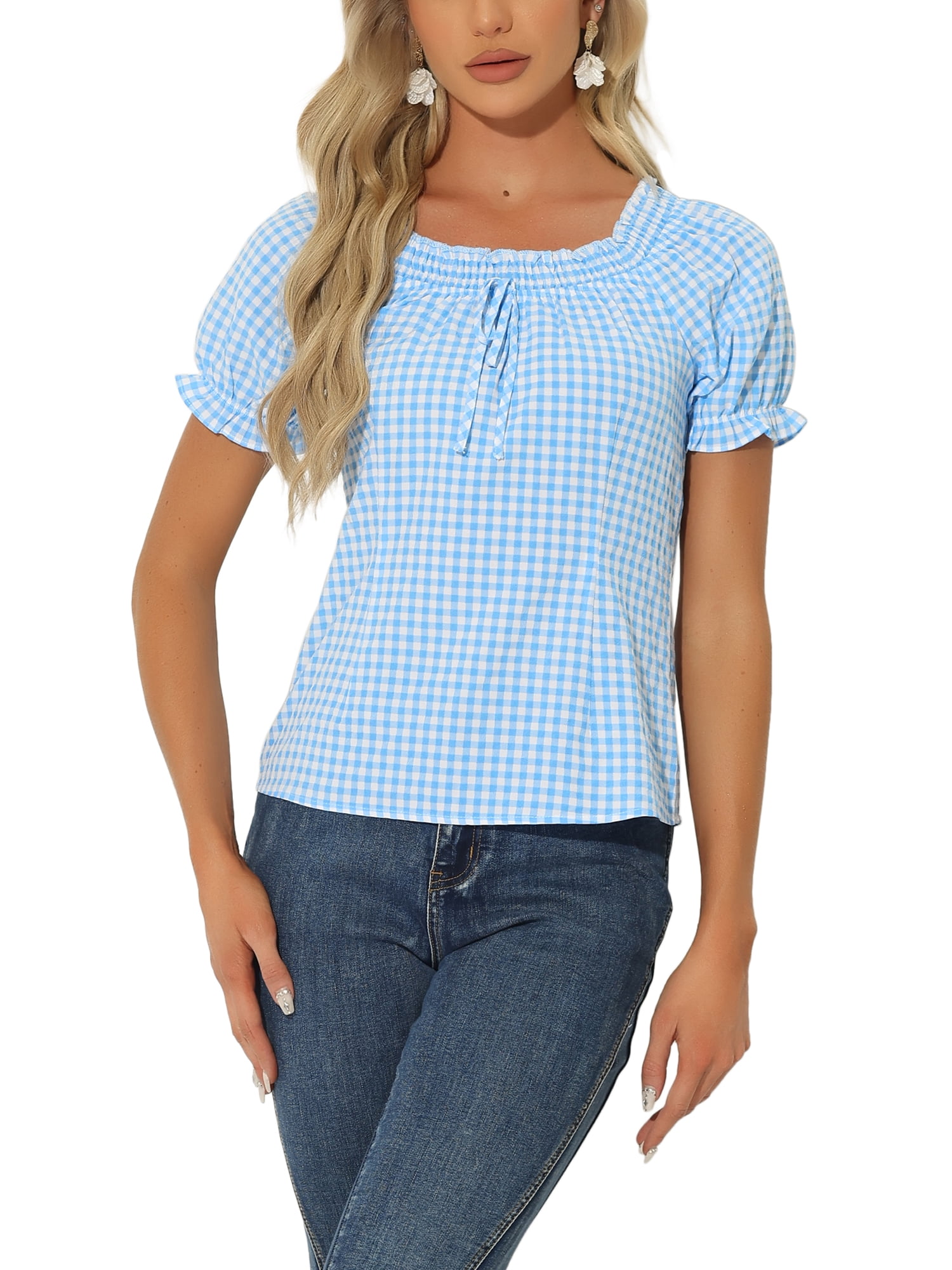 INSPIRE CHIC Gingham Plaid Blouse for Woman's Peasant Round Neck Ruffles Puff Sleeve Top Blue XL