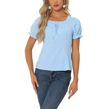 INSPIRE CHIC Gingham Plaid Blouse for Woman's Peasant Round Neck Ruffles Puff Sleeve Top Blue M