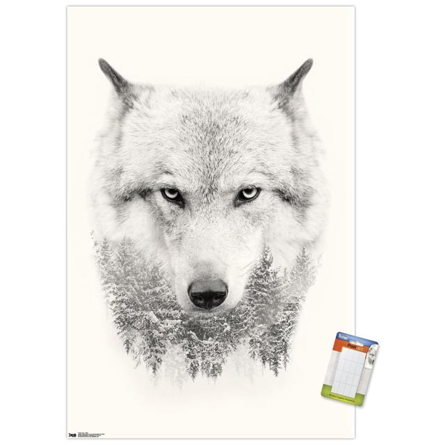 Wolf - Affiche Murale Arbres, 22,375 Po x 34 Po, Mettant en Vedette une Tête de Loup aux Niveaux de Gris Mélangée à une Forêt Enneigée à Feuillage Persistant, Imprimée sur Papier d'Art photo Brillant avec 16 Languettes Autocollantes pour une Suspension Facile et Sans Dommages, Convient à la Décoration de Chambres, de Bureaux Ou de Résidences Étudiantes.