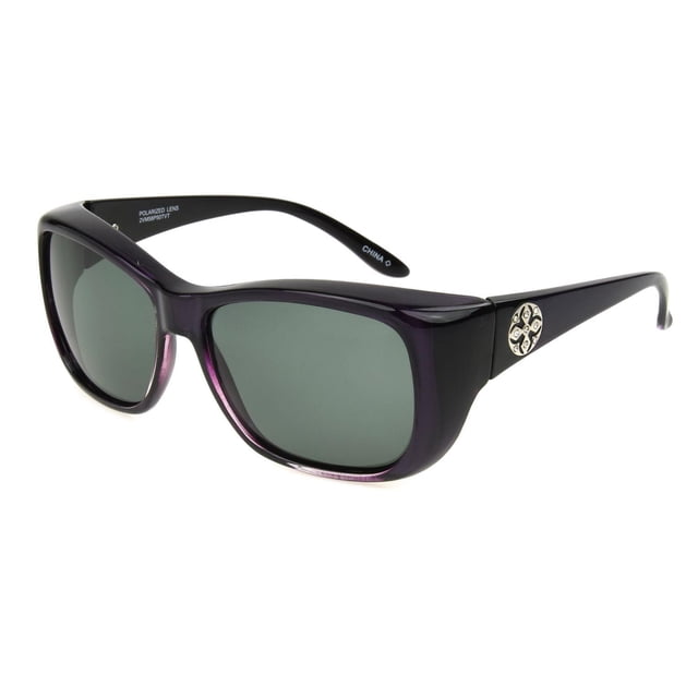 Foster Grant Polar Optics Fits Over Sunglasses with purple square plastic frames and gray polarized lenses, featuring a metal temple emblem with crystals, designed to fit over prescription glasses up to 5-1/2 inches wide by 1-3/4 inches high, providing 100% UVA-UVB protection and including a protective case, suitable for reducing glare during outdoor activities.