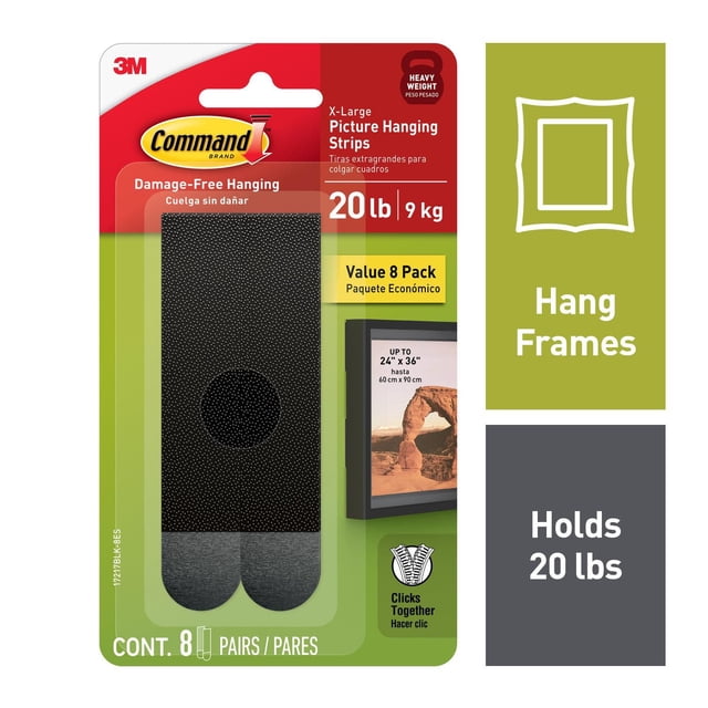 Command Bandes de Suspension pour Photos 17217BLK-8EF Lot Contenant 8 Paires de Bandes Adhésives Noires Extra-Larges Conçues pour une Suspension Sans Dommages, Supporte jusqu'à 20 Lb (9 kg), Convient aux Cadres jusqu'à 24 par 36 Pouces, avec Fonction click-together pour un Retrait Sécuritaire et Propre.
