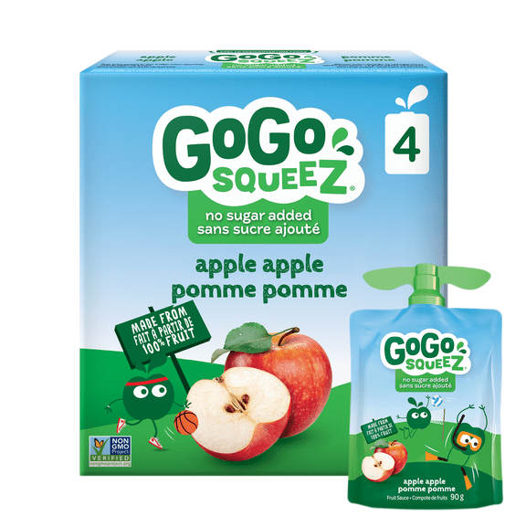GoGo squeeZ Compote de Fruits, Pomme Pomme, Sans Sucre Ajouté. 90g par Sachet, 4 Sachets