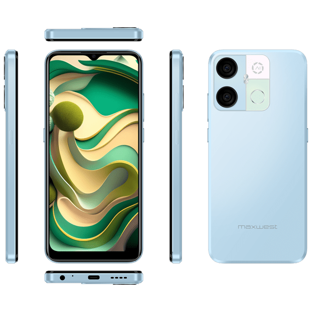 Maxwest Gravity G64 unlocked cell phone featuring a 6.5-inch 60Hz HD+ IPS display, 128GB storage, 8GB dynamic RAM, 16MP AI rear camera, 8MP AI front camera, 4000mAh battery, octa-core processor, and dual-SIM functionality. The phone is shown in blue with a sleek metal finish and fingerprint sensor on the back.