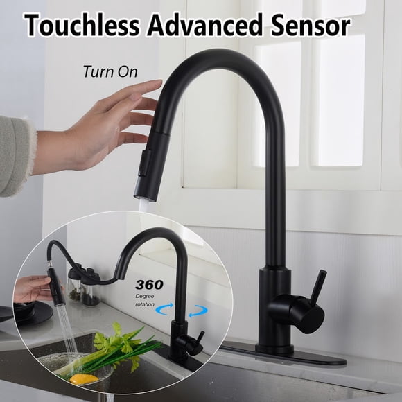 Modern Kitchen Touch Touchless Faucet with Pull-Out Spray Head, High-arc Single Handle Sink Water Mixer Tap Pull Down Sprayer 360 Degree Swivels (with Faucet Plate)Matte Black,Stainless Steel