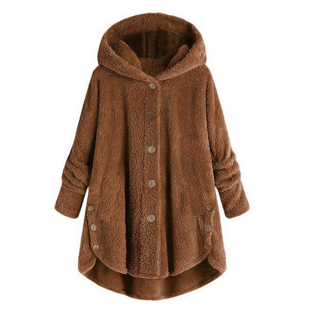 Qertyioot Women Plus Size Button Plush Tops Hooded Loose Cardigan Wool Coat Winter Jacket