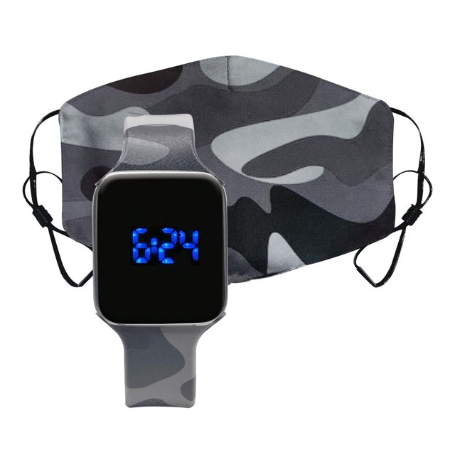 Montre de Température à DEL avec Masque Assorti en camouflage Gris avec Bracelet Ajustable en silicone et Affichage Numérique à DEL Bleu, Assortie à un Masque Facial camouflage Gris Assorti avec Boucles d'Oreilles Noires Ajustables, Convient au Port Quotidien et au Suivi de la Température Corporelle.