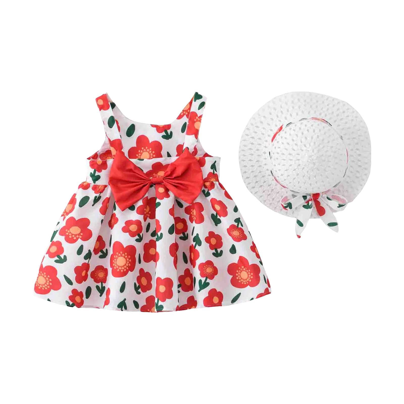 Robes pour Bébé Fille Robe Tutu pour Bébé Fille Robes d'Été Sans Manches pour Filles avec Chapeaux 2 Pcs Robe pour Fête du Thé Tout-Petit 2-3 Ans