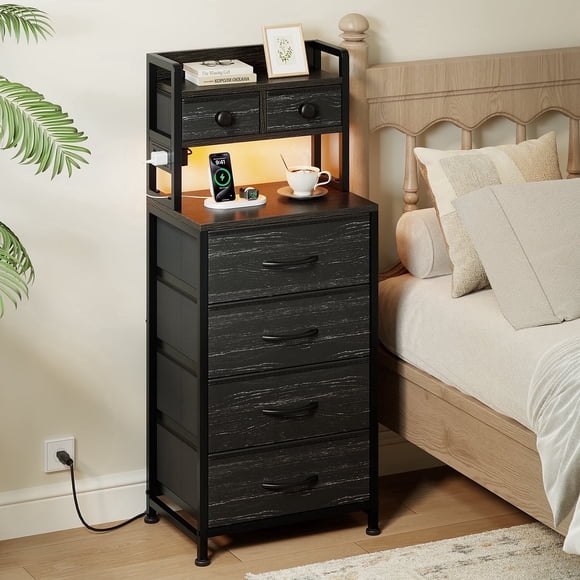 GUNAITO Nightstand with Charging Station and LED Light, Bedside Table with Fabric Drawers and High Storage Shelf for Bedroom, Living Room, Small Spaces - Dark Gray