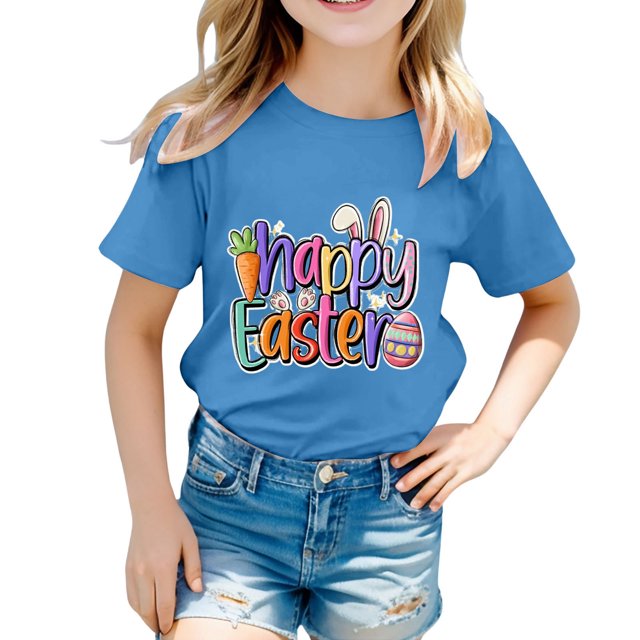 MIASHUI T-Shirt Graphique de Pâques à Manches Courtes pour Filles, Bleu, 6-7 Ans