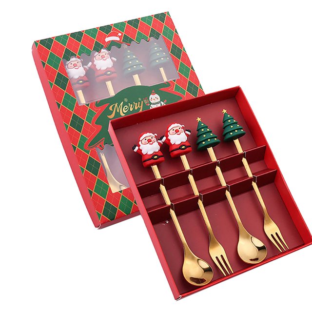 Oleegame 1PC Stainless Steel Cutlery Set Christmas Tableware Set Stainless Steel Spoon Gift Set Dessert Spoon Fork Coffee Spoon Christmas Pendant Spoon Tableware Set Gift