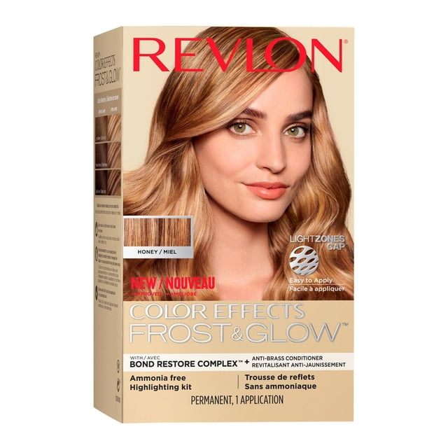 Revlon Color Effects Frost and Glow Ammonia Free Permanent Hair Color highlighting kit in Honey shade for light to dark brown hair, featuring LightZones Cap and Hook for precise highlights, Bond Restore Complex to reduce hair damage, and violet-pigmented conditioner to banish brassiness.
