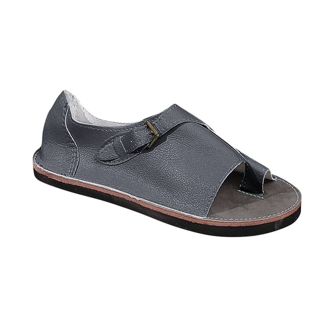 Womens Flat Sandals Slip on Toe Ring Buckle Strap Open Toe Thick Sole Summer Beach Leather Sandals Gray