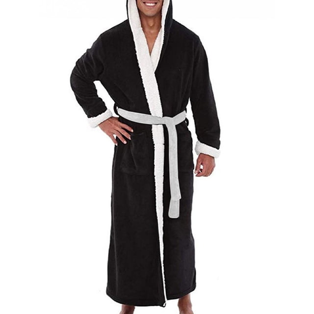 Innerwin Dressing Gown Solid Color Men Wrap Robe Home Hooded Thicken Plush Bath Robes Black White M. A men's winter robe in black with white sherpa fleece lining, hooded design, belted waist, and two front pockets. Made of polyester cotton blend, ideal for lounging, sleepwear, or casual home wear during colder seasons.