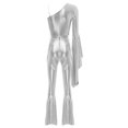 thumbnail image 4 of Raenseen Womens Metallic Shiny Flare Sleeve Bodysuit Hippie Bell Bottom Jazz Dance Rave Party Silver L, 4 of 6